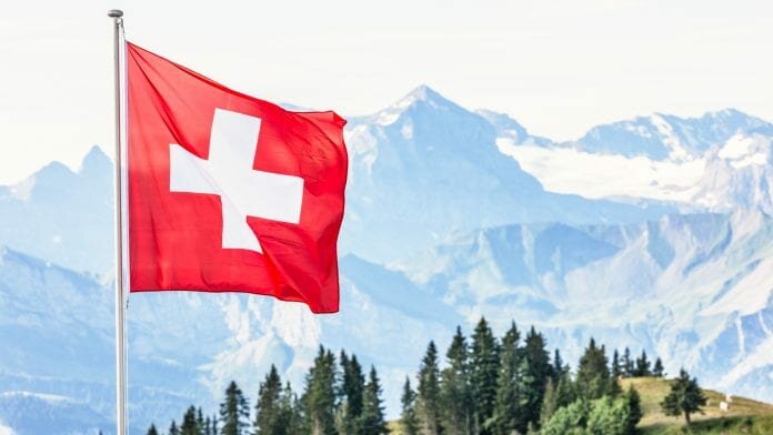 Swiss flag with mountain scenery